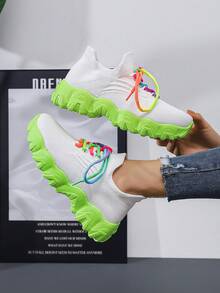 女款舒適柔軟厚底圓頭運動鞋，四季設計，輕盈透氣運動鞋，鞋帶式設計 - 綠色 - 查看 4