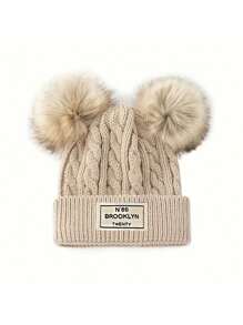 قبعة محبوكة ذات كرات صوفية مزدوجة بطبعة حرف بروكلين للنساء، قبعة شتوية دافئة للخارج