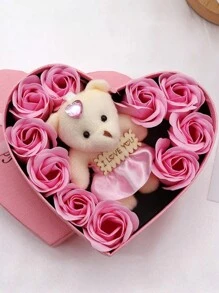 1 Pc Red Artificial Flower & 1pc Heart-Shaped Storage Box, Romantic Simulation Flower Decor For Home And Party - Pink - View 5
