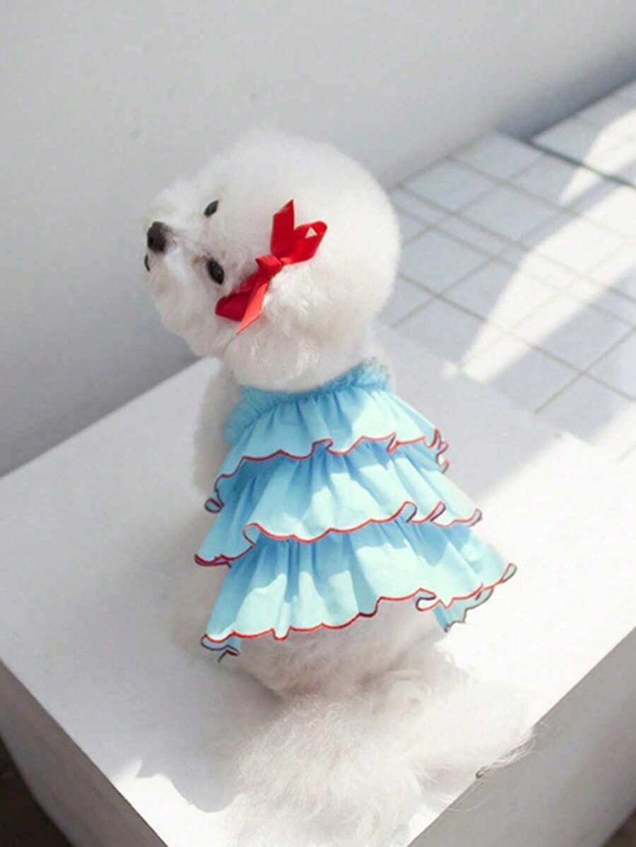 1入組撞色滾邊寵物連衣裙適用於狗狗和貓適合夏天 - 藍色 - 查看 1