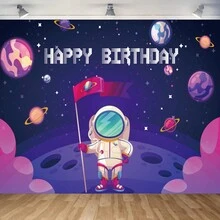 1pc Purple Moon Astronaut Themed First Birthday Party Photography Backdrop Background Cloth - Multicolor - View 11