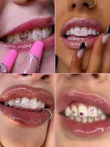 novani 55 Pieces Tooth Gems DIY Teeth Crystal Flat Back Glass Gemstone Multi Shaped Crystal Gem For Teeth - Pink - View 4