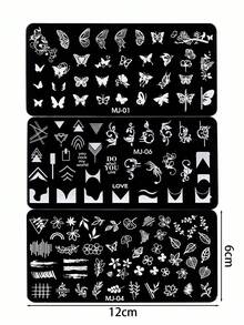 3 piezas Placa de estampado de uñas con encaje francés y diseño de flores, hojas y mariposas, molde para uñas, plantilla de impresión de arte de uñas como herramienta de manicura para salon de uñas y accesorios de uñas - Plateado - Ver 10