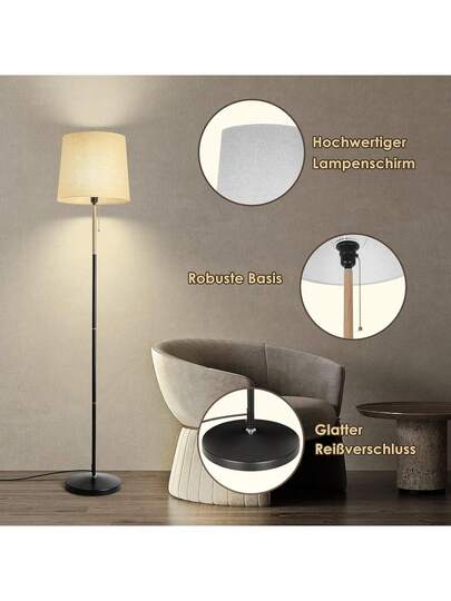 Vloer Lamp Linen Lampshade, E27 Base, Max. 60W, Living Room Lamp, Fabric Shade 170cm Height Room, Bedroom, Study, Office, out Bulb view 4