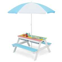 3-In-1 Kids Outdoor Picnic Water Sand Table With Umbrella Play Boxes - Blue - View 2