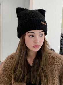 1pc Women Winter Knit Beanie Hat, Cute Cat Ear Design Thick Warm Rolled Cuff Ski Cap For Daily Wear - View 10