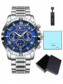 Sports Men Watch Waterproof Chronograph Men's Watches Luminous Stainless Steel Luxury Watch For Man Quartz +Box,1PC