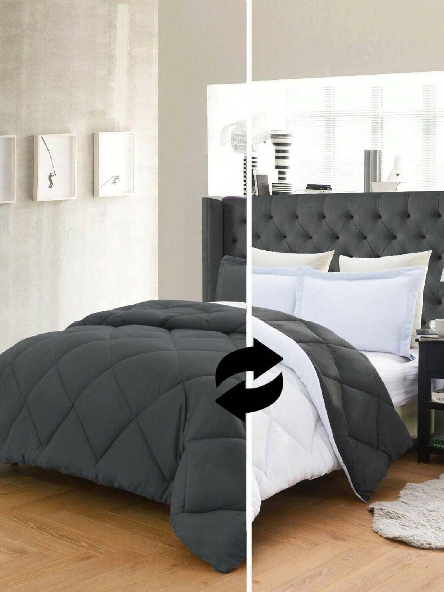 3PC Reversible 2-Tone Comforter Set With 2 Pillow Shams - 2 Different Colors! Duvet Insert - White & Gray - View 1