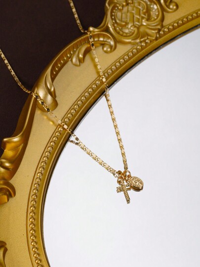1pc Classic Vintage-Style Cross And Virgin Mary Pendant Necklace, Elegant Chain Necklace