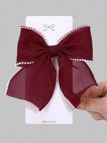 1 件女童粉白色蝴蝶结发夹，带珍珠边缘的优雅蕾丝蝴蝶结发夹，女童节日婚礼派对日常带尾巴的鳄鱼夹，儿童发饰（产品不含卡片）