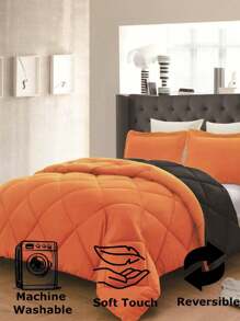 3PC Reversible 2-Tone Comforter Set With 2 Pillow Shams - 2 Different Colors! Duvet Insert - Orange & Black - View 4