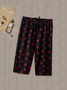 3pcs Women's Casual Sleep Pants, Plus Size Heart Print Bow Elastic Waist Loose Pajama Capri Pants