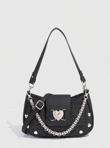 Y2K Biker Style Handbag With 3 Straps, Fashionable Faux Leather Casual Shoulder Bag With Heart Decoration, Versatile Crossbody Bag Suitable For Women, Girls, Students, Etc. - 黑色 - 查看 3