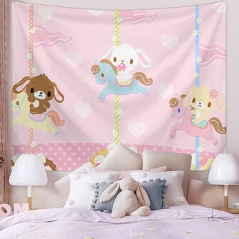 1pc Adorable Tapestry Rotating Carousel Cartoon Tapestry, Lovely Anime Decor Hanging Tapestry, Room Dorm Wall Decor Hanging Cloth, Living Room Office Home Decor Wall Hanging