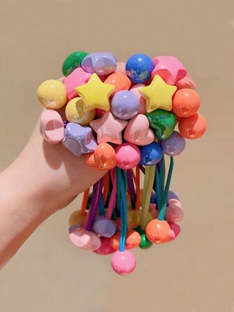 Conjunto de 7 piezas de banda elástica para el cabello de doble color con diseños de nudo para niños, con decoraciones de estrella, flor y bola; accesorios de cabello aptos para niñas pequeñas con cola de caballo