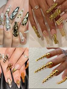 Medias esferas doradas para uñas, cuentas pequeñas, perlas planas con respaldo de cristal de cuarzo para decoración de uñas y manicura, accesorios DIY, joyería de uñas, adornos Y2K para chicas a la moda - Dorado - Ver 2