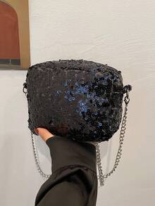 新款彩色闪光长方形女士包，个性化百搭拉链斜挎包，独特设计链条晚装包 - 黑色 - 查看 7