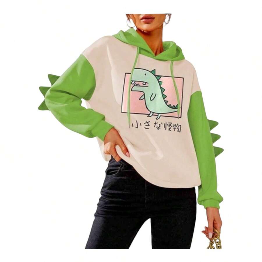 Sudadera Con Capucha De Dinosaurios Manga Larga Para Mujer - Verde - Ver 1