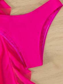 3 piezas Bañador bikini halter simple con tira cruzada & Pantalones cover up - Rosa Fucsia - Ver 5