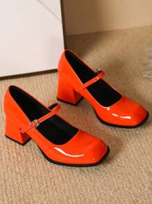 Women's Plus Size High Heel Mary Jane Shoes, Simple Leather Shoe With Thin Heel And Pointed Toe, Vintage Sparkling Metal Black Mirror Material, College Style, Gorgeous High Heel Mary Jane Shoes - Orange - View 5