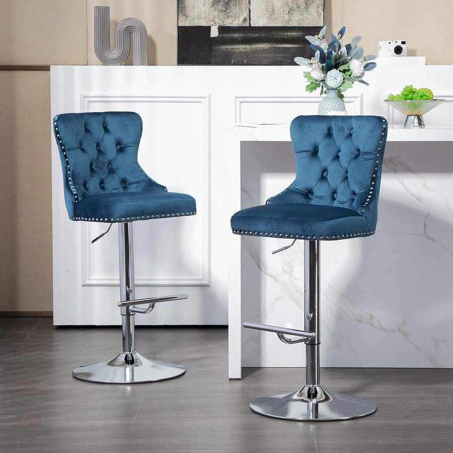 Bar Stool Set Of 2,Velvet Barstools Adjustable Seat,Height Bar Stools Swivel Barstools With High Back,Button Tufted,Silver Footrest And Nailheads Trim,Upholstered Bar Chairs For Kitchen Island - Màu xanh lam - Xem 1