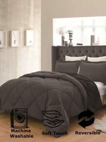 3PC Reversible 2-Tone Comforter Set With 2 Pillow Shams - 2 Different Colors! Duvet Insert - Black & Gray - View 4