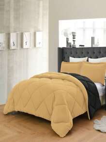 3PC Reversible 2-Tone Comforter Set With 2 Pillow Shams - 2 Different Colors! Duvet Insert - Black & Gold - View 2