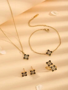 5 件时尚百搭个性化不锈钢项链手链戒指耳环首饰套装花朵带水钻装饰适合婚礼和节日礼物情人节日常佩戴 - 套裝 - 查看 14
