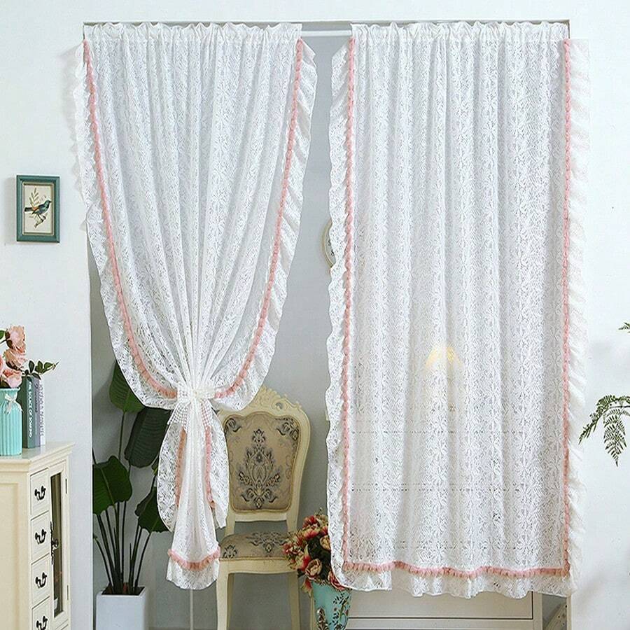 1Panel Viền ren trắng kiểu Pháp với bóng tóc màu hồng Rèm ren hoa trắng cho phòng khách Phòng công chúa, Rèm cà phê cho nhà bếp, Trang trí nội thất - trắng - Xem 1