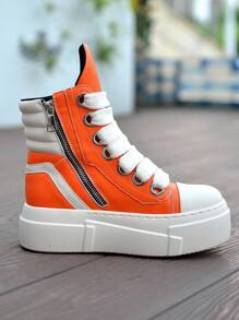 Women Orange High Top Sneakers Mixed Color Leather Sports Shoes Flat Platform Fashion Cowgirl Ankle Boots Casual Soft Comfortable Retro Flats - Orange White - View 10