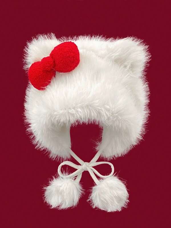 Cute Bowknot Plush Hat With Ear Covers, White Thick Winter Hat For Daily Use By Women, Autumn/Winter Valentine's Day Valentines