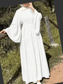 Women Long Dress With Round Collar And Wide Waist Belt, Casual Holiday Attire - White - View 1