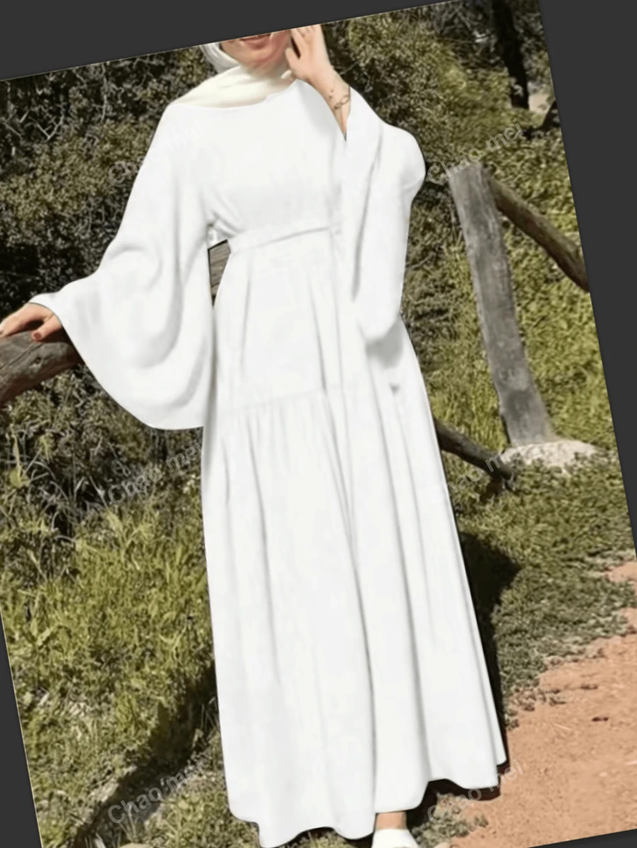 Women Long Dress With Round Collar And Wide Waist Belt, Casual Holiday Attire
