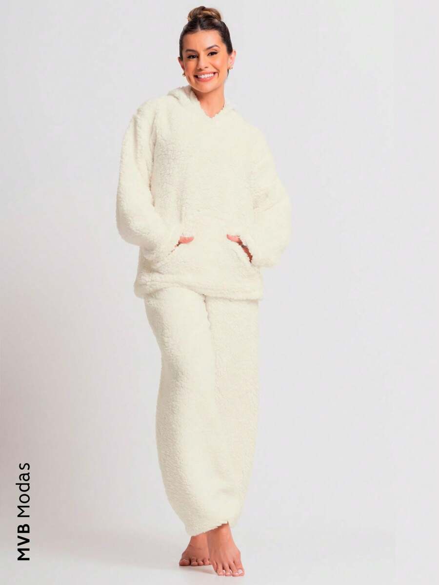 MVB Modas Pijama Flanelado Feminino Longo Capuz Bolso Teddy Pelucia - Branco - Visão 1