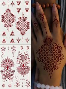 2pcs Brown Flower Henna Tattoo Sticker Flora Waterproof Temporary Tattoo Sticker Mehndi Design Hand Body Art Makeup Fake Tattoo - Brown - View 3