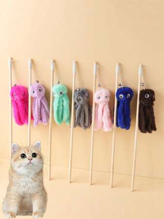 1 pièce Poupée de chat en peluche en forme de pieuvre avec bâton en bois pour jouer avec un animal de compagnie