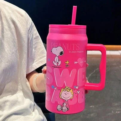 SNOOPY 1 件保温瓶，大容量便携式保温杯，不锈钢咖啡杯带吸管，美观大方，适合女士，50 盎司