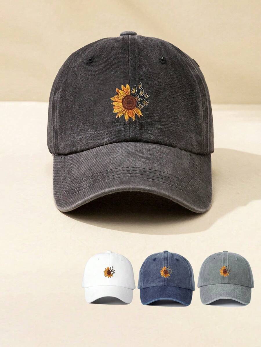 1pc Printed Sunflower & Butterfly Washed Adjustable Baseball Cap, Outdoor Sunscreen Casual Hat For Women, Spring Autumn Travel Beach Vacation, Y2K Style
