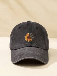 1pc Printed Sunflower & Butterfly Washed Adjustable Baseball Cap, Outdoor Sunscreen Casual Hat For Women, Spring Autumn Travel Beach Vacation, Y2K Style