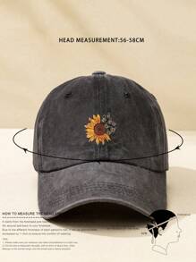 1pc Printed Sunflower & Butterfly Washed Adjustable Baseball Cap, Outdoor Sunscreen Casual Hat For Women, Spring Autumn Travel Beach Vacation, Y2K Style