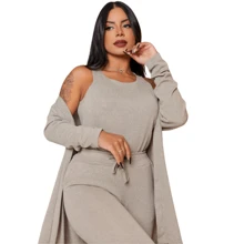 Lanzinha Women's Cold Set (3) Pieces, Tank Top, Pants And Cardigan - Beige - View 3