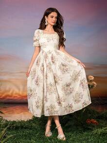 SUPGIR Blommönster Puffärm Frill Trim Klänning Festklänning Gästklänning Bröllop Balklänning - Mauve Lila - Visa 4