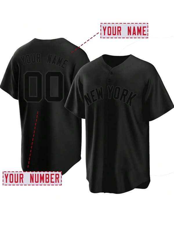 Customized Name And Number Boyfriend Style Men's Embroidery Baseball Jersey New York Black V-Neck Personalized Short Sleeve Button Down Shirts Party Games Training Sports Tops S-Xxl
