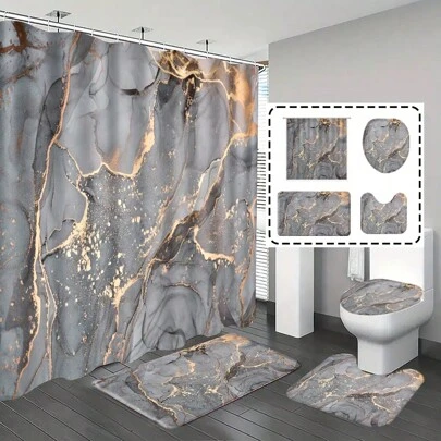 1pc/4pcs Bathroom Set, Including Waterproof Durable Gray Marble Pattern Shower Curtain With 12 Hooks, Non-Slip Bath Mat, U-Shaped Mat And Round Toilet Lid Cover, Modern Minimalist Luxurious Style Bathroom Decor Set, Suitable For All Scenarios. Fall Decor Bathroom Accessories Back To School