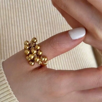 VKHK 1入個性化女士18K鍍金不銹鋼串珠裝飾單指環，適合日常和婚禮佩戴，送禮自用皆宜