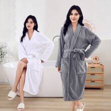 1pc S-Stripe Collar Bath Robe, Casual & Thick Microfiber Striped Extra Soft & Absorbent Oversized Bath Robe With Pockets, Soft & Smooth Quick Dry Long Style For Women, Autumn & Winter Summer Wedding Home Bathroom Decor Back To School - Multicolor - View 3