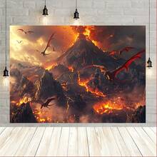 Fondo de Escena de Erupción de Volcán & Dinosaurios - Poliéster Duradero, Perfecto para Fotografía Interior/Exterior - Multicolor - Ver 2