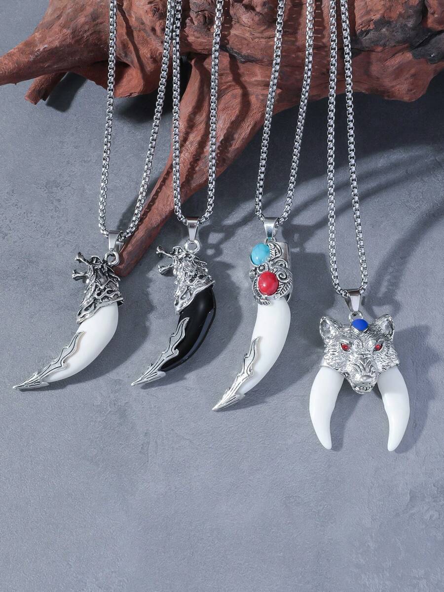 1pc Men's Small And Stylish Wolf Tooth Pendant Necklace - Multicolor - View 1