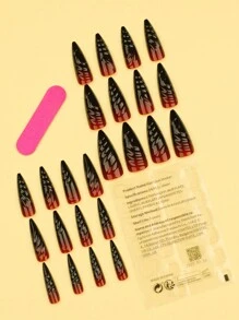 24入組時尚長尖指彩黑紅萬聖節3D萬聖節貼上式壓克力假指甲修甲套裝，可拆式全覆蓋，耐用，包括1張粘合片和1支小型美甲文件，適用於萬聖節 - 彩色 - 查看 2