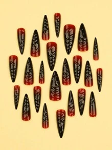 24入組時尚長尖指彩黑紅萬聖節3D萬聖節貼上式壓克力假指甲修甲套裝，可拆式全覆蓋，耐用，包括1張粘合片和1支小型美甲文件，適用於萬聖節 - 彩色 - 查看 3